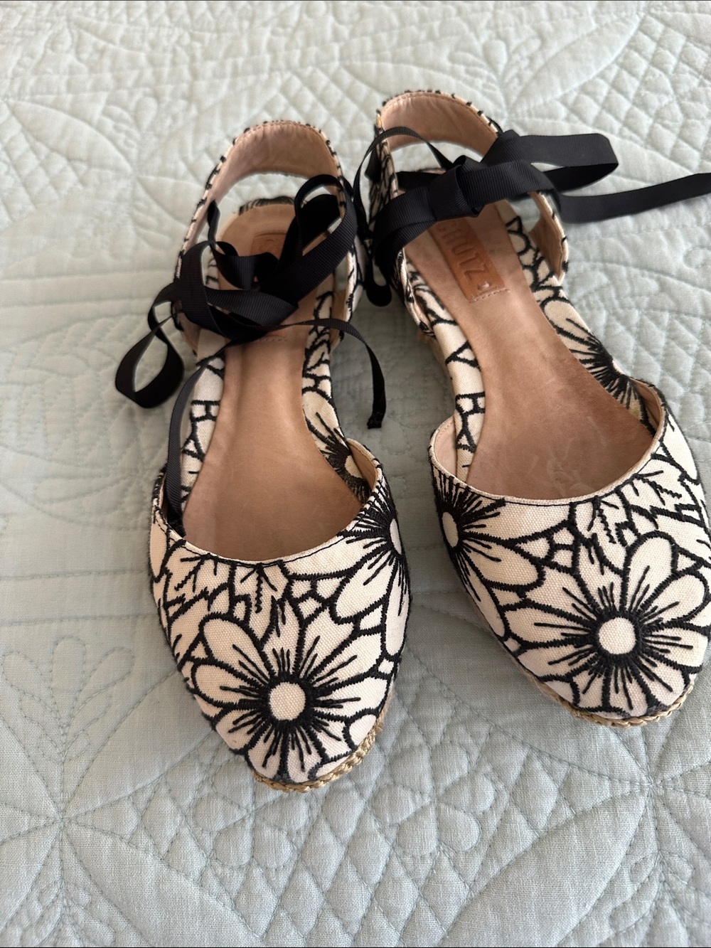 SCHUTZ Cream Espadrille Flats with Black Floral Detail and Ribbon Lace